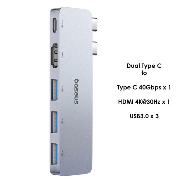 DOCKING STATION Baseus UltraJoy 5 in 1, conectare PC USB Type-C x 2, USB 3.0 x 3, USB Type C x 1, HDMI x 1/4K/30Hz, gri „B00052801811-04” (timbru verde 0.18 lei) – 6932172657727