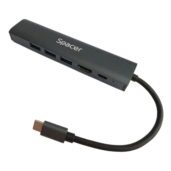 DOCKING Station Spacer universal 6 in 1, conectare Type-C, USB 3.0 x 3 |PD 3.0 x 1 (100W), 1x HDMI 4K (30Hz), 1xRJ45 Gigabit, gri, Aluminiu, „SPDS-TypeC-HUPG-6in1-04” (timbru verde 0.18 lei)