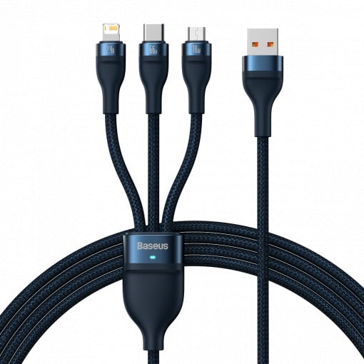 CABLU alimentare si date Baseus Flash Series II One-for-three, pt. smartphone, USB si USB Type-C la Micro-USB+Lightning+USB Type-C 66W, 1.2m, albastru „CASS040003” (timbru verde 0.18 lei) – 6932172618117