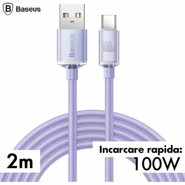 CABLU alimentare si date Baseus Crystal Shine, Fast Charging Data Cable pt. smartphone, USB la USB Type-C 100W, 2m, braided, mov „CAJY000505” (timbru verde 0.18 lei) – 6932172602857
