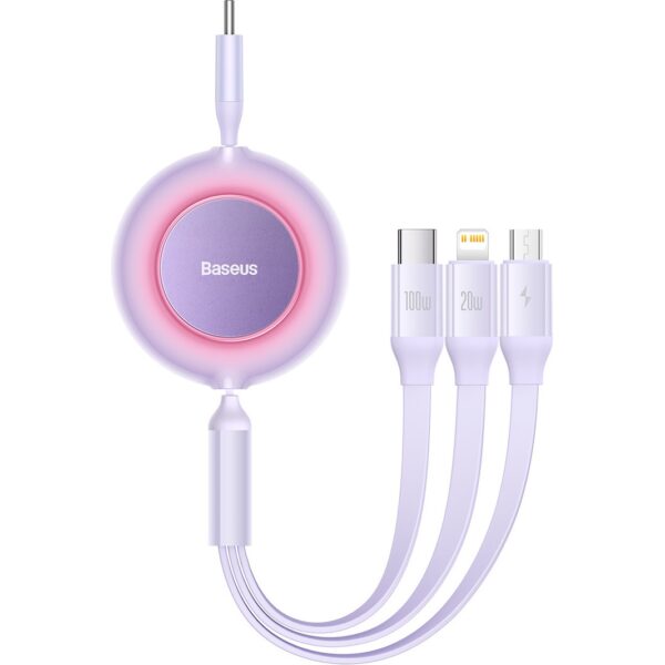 CABLU alimentare si date Baseus Bright Mirror 2, retractabil 3-in-1, pt smartphone,USB Type-C la Micro-USB + Lightning + USB Type-C 100W, 1.1m, violet „CAMJ010205” (timbru verde 0.18 lei) – 6932172609153