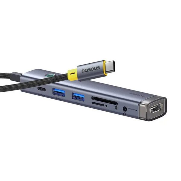 DOCKING STATION Baseus UltraJoy 7 in 1, input USB Type-C, output HDMI4K@60Hz x 1, USB3.0 x 2, PD x 1, card reader SD/micro SD x 1, jack 3.5mm x 1, gri „B00052803811-02” (timbru verde 0.18 lei) – 6932172655853
