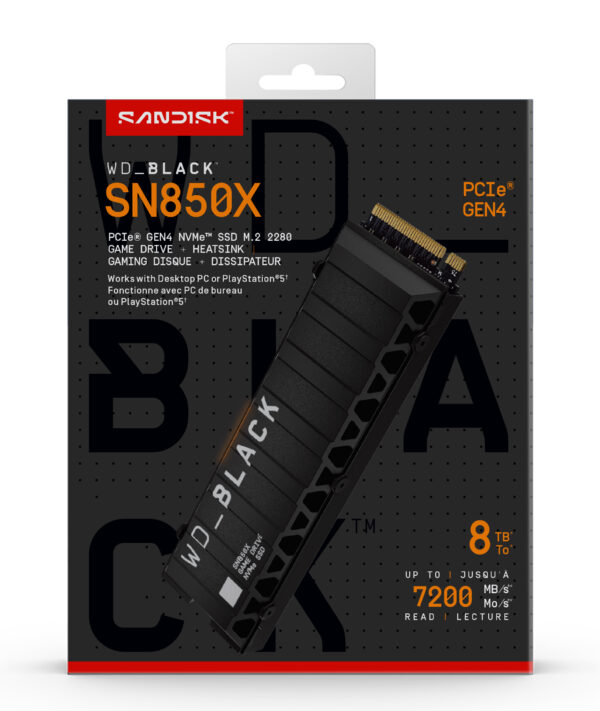 SSD WD Black SN850X HeatSink 8TB M.2 2280 PCIe Gen4 x4 NVMe, Read/Write: 7200/6600 MBps, IOPS 1200K/1200K, TBW: 4800 „WDS800T2XHE-00CDD0”