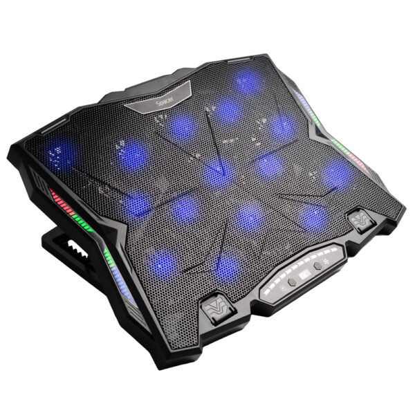 STAND SPACER notebook 17″ Gaming, sita metal, 15x6cm LED fans,6 trepte turatie Max 2200RPM, 8 trepte inaltime,RGB 10 moduri, suport telefon,Airflow 180cfm, 1xUSB, 1xTYPE-C, black, Nivel zgomot 28dBA, „SPNS-Gaming-15F” (timbru verde 0.8 lei)