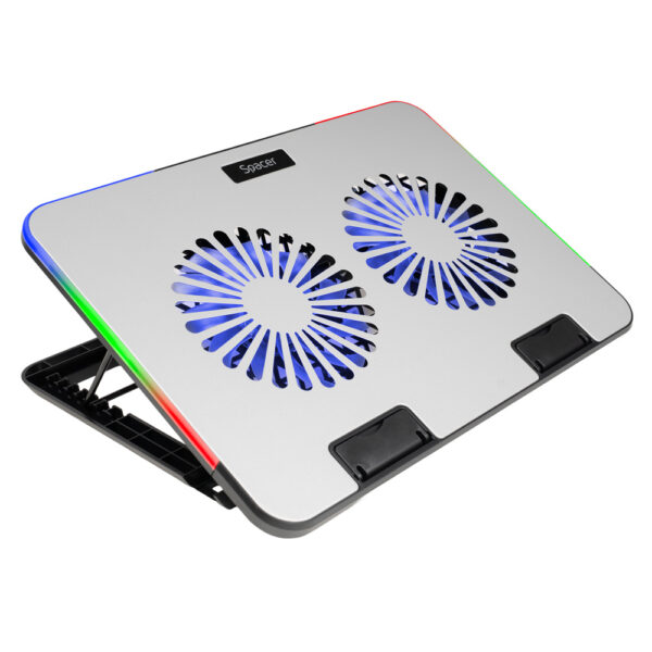 STAND SPACER notebook 17″ Gaming, placa metal, 2x125mm LED fans,turatie:1200-1400rpm, 5 trepte Inaltime, RGB 7 jocuri, Suport Telefon, Airflow 86cfm, 2xUSB, Silver, Nivel zgomot 30dBA, „SPNS-Gaming-2F-02” (timbru verde 0.8 lei)