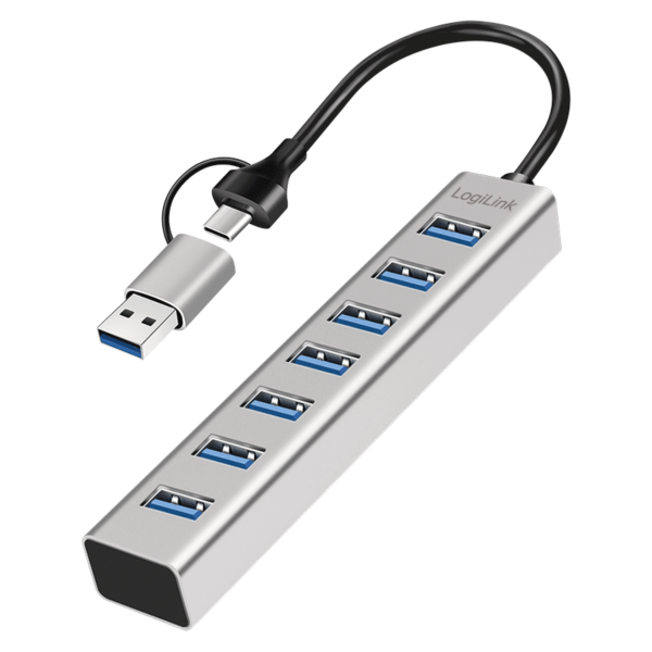 HUB extern LOGILINK, porturi USB: USB 3.0 x 7, conectare prin USB-C 3.0, adaptor conectare USB-A, metal, argintiu, „UA0441” (timbru verde 0.8 lei)