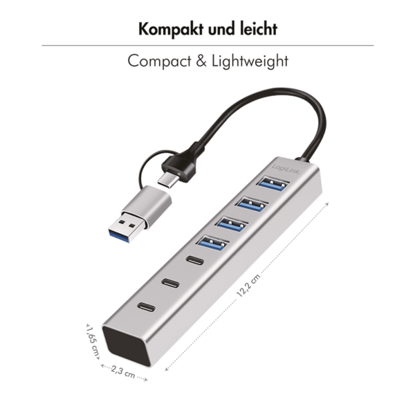 HUB extern LOGILINK, porturi USB: USB 3.0 x 4 + USB-C Type-C x 3, conectare prin USB-C 3.0, adaptor conectare USB-A, metal, argintiu, „UA0442” (timbru verde 0.8 lei)