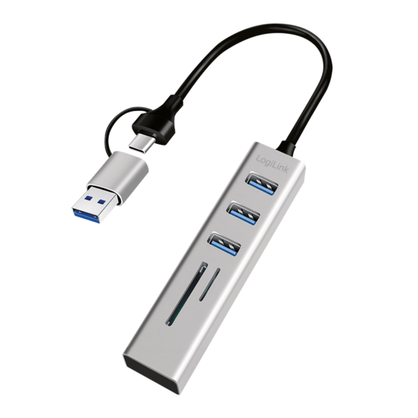 HUB extern LOGILINK, porturi USB: USB 3.0 x 3, conectare prin USB-C 3.0, adaptor conectare USB-A, SD/SDHC + microSD, metal, argintiu, „UA0445” (timbru verde 0.8 lei)