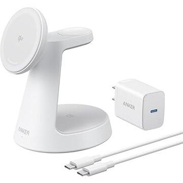 Stand cu incarcare wireless 3 in 1 Anker, MagGo 3-in-1, 15W, fast charge, pentru iPhone seriile 12-16. apple Watch si AirPods, cablu USB-C inclus, 1 x USB-C incarcare, alb, „B25M4G21” (timbru verde 0.18 lei) – 0194644206772