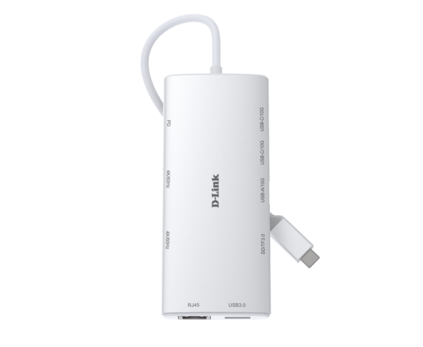 DOCKING STATION D-LINK, 10-in-1, conectare PC Type-C, porturi: SD/microSD card reader, 2 x USB, 2 x USB Type-C, 2 x HDMI 2.0, 1 x USB Type-C 4.0 with DP 1.4, 1 x Gigabit RJ45, USB Type-C cablu 50 cm, alb „DUP-A01” (timbru verde 0.8 lei)