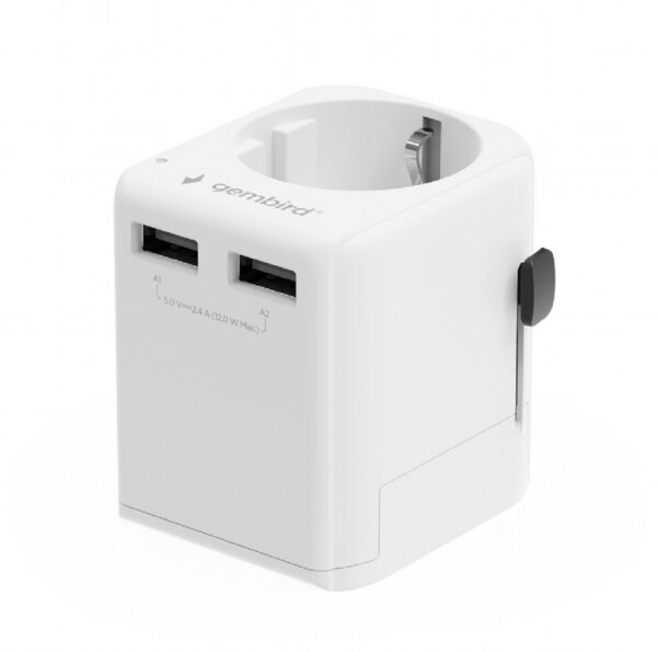 ALIMENTATOR retea 220V GEMBIRD, universal, EU la conectori: US/UK/CN/AU, cu impamantare, 1x Schuko, 2x USB-A 12W, siguranta 10A, max. 2500W, alb, „TPA-EU2A12-01-W” (timbru verde 0.18 lei)