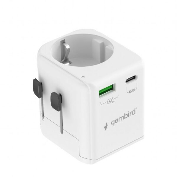 ALIMENTATOR retea 220V GEMBIRD, universal, EU la conectori: US/UK/CN/AU, cu impamantare, 1x Schuko, 1x USB Type-C PD 20W, 1x USB-A QC 18W, siguranta 10A, max. 2500W, alb, „TPA-EU1A1C20-01-W” (timbru verde 0.18 lei)