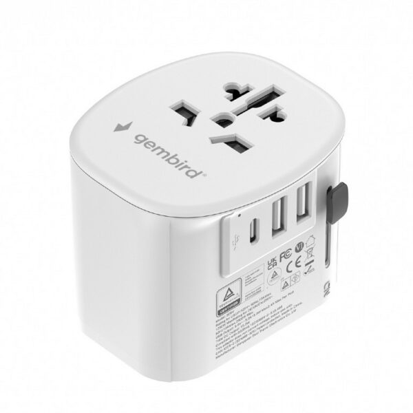 ALIMENTATOR retea 220V GEMBIRD, universal, conectori: US/UK/EU/AU, 1x USB Type-C 15W, 2x USB-A 12W, siguranta 10A, max. 2300W, alb, „TPA-EU2A1C15-01-W” (timbru verde 0.8 lei)