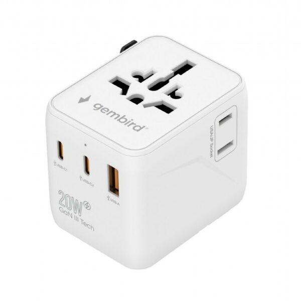 ALIMENTATOR retea 220V GEMBIRD, universal, conectori: US/UK/EU/AU, 2x USB Type-C PD 20W, 1x USB-A QC 18W, siguranta 10A, max. 2500W, alb, „TPA-1A2C20-01-W” (timbru verde 0.18 lei)