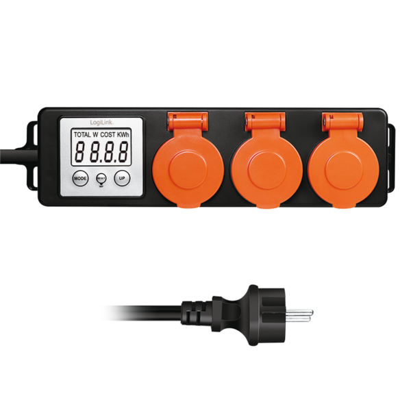 PRELUNGITOR LOGILINK, Schuko x 3, cablu 3G 1.5mm2, 230 V/16 A, 50 Hz, max. 3500 W, contor cost energetic, LCD, 3 butoane operare, IP44, de exterior, 1.4m, negru-portocaliu, „EM0008” (timbru verde 0.8 lei)