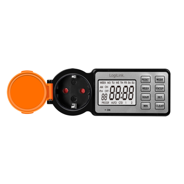 PRELUNGITOR LOGILINK, Schuko x 1, 230 V/16 A, 50 Hz, max. 3500 W, timer, LCD, 8 butoane operare, IP44, de exterior, negru-portocaliu, „ET0016” (timbru verde 0.18 lei)