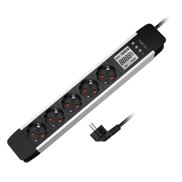 PRELUNGITOR LOGILINK, Schuko x 5, cablu 3G 1.5mm2, 230 V/16 A, 50 Hz, max. 3500 W, LCD consum, butoane: Power, Q, CO2, Reset, 1.4m, negru-argintiu, „LPS286” (timbru verde 0.8 lei)