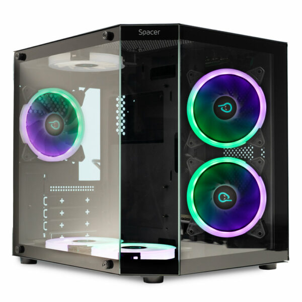 CARCASA SPACER – gaming, Mini Tower, mATX „Compact” (max 244×200 mm), „AQUARIUM”, fara sursa, sticla securizata, 6xARGB fan, HUB, telecomanda, USB 3.0×1, USB Type-Cx1, HD-Audio, Jack 3.5mmx1, black „SPCS-GC-AQUARIUM-BK-6F” (timbru verde 0.48 lei)