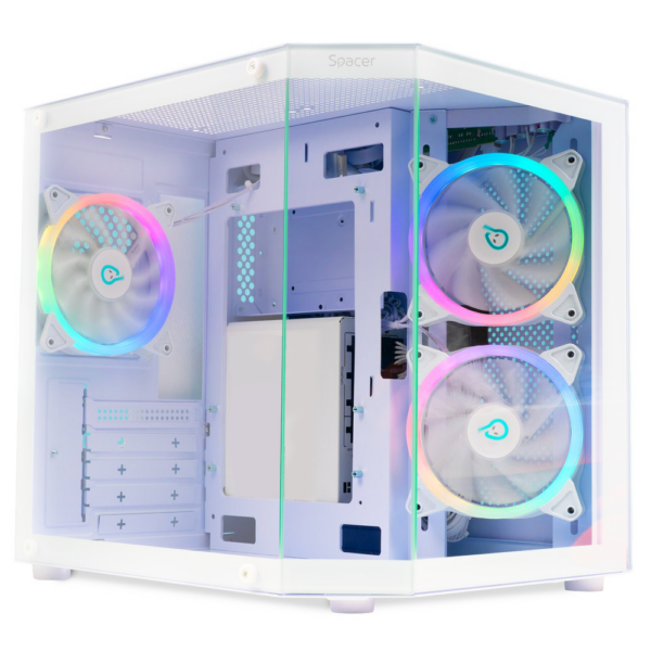 CARCASA SPACER – gaming, Mini Tower, mATX „Compact” (max 244×200 mm), „AQUARIUM”, fara sursa, sticla securizata, 3xARGB fan, HUB, telecomanda, USB 3.0×1, USB Type-Cx1, HD-Audio, Jack 3.5mmx1, white „SPCS-GC-AQUARIUM-WH-3F” (timbru verde 0.24 lei)