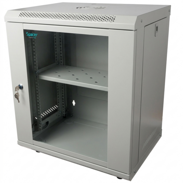 CABINET 19″ SPACER 12U 500x400mm, fixare pe perete, Flatpack (dezasamblat), Grey, usa sticla cu blocare, panouri detasabile, otel 1mm, sarcina maxima 25Kg, contine un raft si roti, „SPCW-12U-400-GR-02”