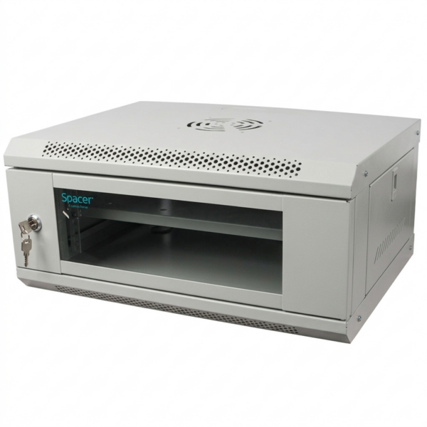 CABINET 19″ SPACER 4U 500x450mm, fixare pe perete, Flatpack (dezasamblat), Grey, usa sticla cu blocare, panouri detasabile, otel 1mm, sarcina maxima 25Kg, contine un raft, „SPCW-4U-450-GR-02”
