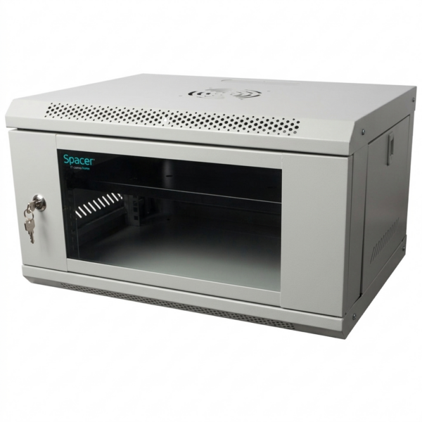 CABINET 19″ SPACER 6U 500x400mm, fixare pe perete, Flatpack (dezasamblat), Grey, usa sticla cu blocare, panouri detasabile, otel 1mm, sarcina maxima 25Kg, contine un raft, „SPCW-6U-400-GR-02”