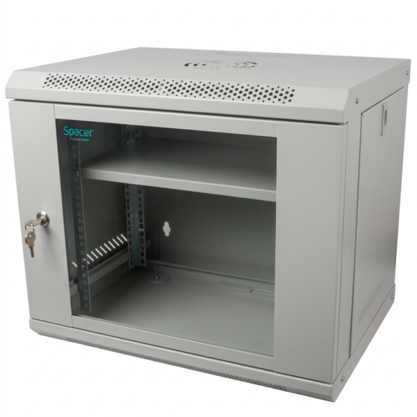 CABINET 19″ SPACER 9U 500x400mm, fixare pe perete, Flatpack (dezasamblat), Grey, usa sticla cu blocare, panouri detasabile, otel 1mm, sarcina maxima 25Kg, contine un raft, „SPCW-9U-400-GR-02”