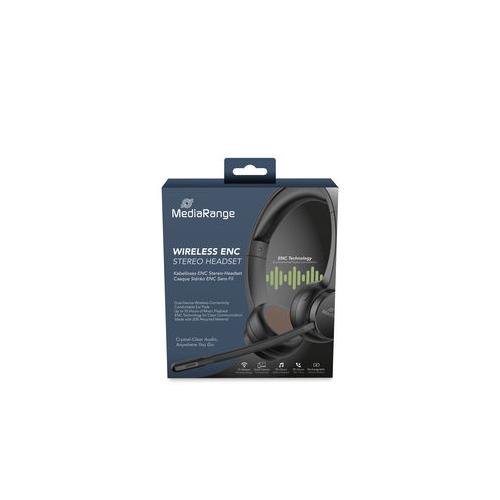 MediaRange Wireless ENC Stereo Headset with rotatable microphone arm, Function Buttons, Rechargeable 400mAh Battery, 2-Device Pairing (BT Ver. 5.2), Black „MROS307” (timbru verde 0.18 lei)