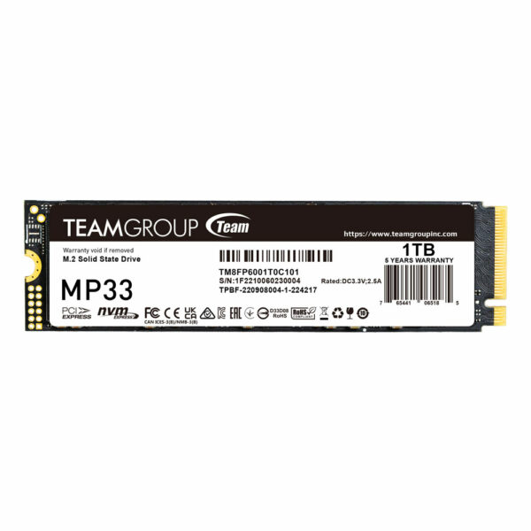 SSD TEAMGROUP MP33, 1TB, PCIe Gen3x4 M.2 2280, 3D TLC NAND NVMe, R/W: 1800/1500 MB/s, „TM8FP6001T0C101”