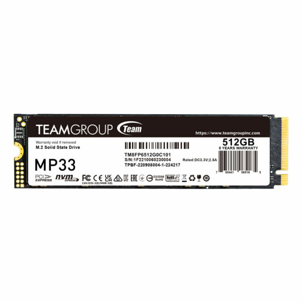 SSD TEAMGROUP MP33, 512GB, PCIe Gen3x4 M.2 2280, 3D TLC NAND NVMe, R/W: 1700/1400 MB/s, „TM8FP6512G0C101”