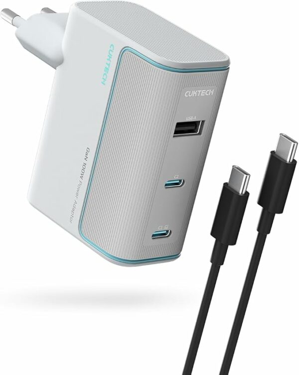 INCARCATOR retea Cuktech 2C1A Quick Charge 100W, 2 x USB Type-C Output, 1 x USB Output, include cablu USB Type-C la USB Type-C 1m, alb „CKAD1003EUGW” (timbru verde 0.18 lei)