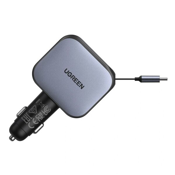 INCARCATOR auto Ugreen, „EC604” 1 x USB, 2 x USB Type-C, include cablu retractabil 0.7m USB Type-C, total output 145W, pt. bricheta auto, gri „55910B” (timbru verde 0.8 lei)