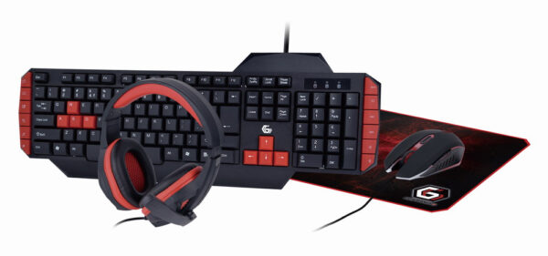 KIT 4-in-1 GEMBIRD, gaming, cu fir, tastatura 104 taste (+ 8 taste multimedia) + mouse 2400dpi 4 butoane + casti cu mic 2×3.5″ + pad 300x250mm, USB, black „GGS-UMG4-02” (timbru verde 0.8 lei)