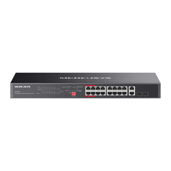 SWITCH MERCUSYS, porturi Gigabit x 20 Desktop/Rackmount din care 16-Port PoE+ si 2xxxx Gigabit SFP, unmanaged, carcasa metal, total putere PoE 192W „MS120GP” (timbru verde 0.8 lei)