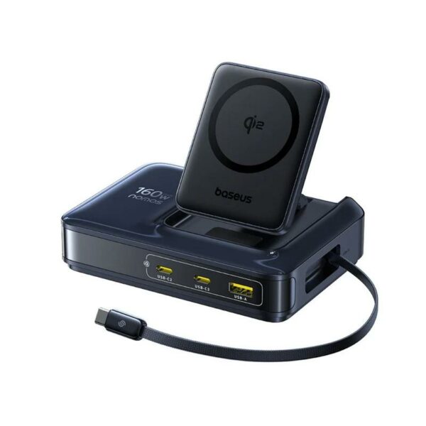 INCARCATOR retea Baseus Nomos NH21 5-in-1, 160W, Qi2 Wireless, 1 x USB, 3 x USB Type-C, cablu retractabil USB Type-C, negru „E0121700”