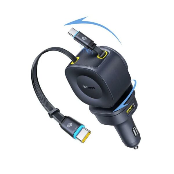 INCARCATOR auto Baseus PrimeTrip VR2 Max, Quick Charge 100W, 1 x USB, 1 x USB Type-C, cablu integrat retractabil 2 x USB Type-C pt. bricheta auto, negru „C0206600” (timbru verde 0.18 lei) – 6932172692230