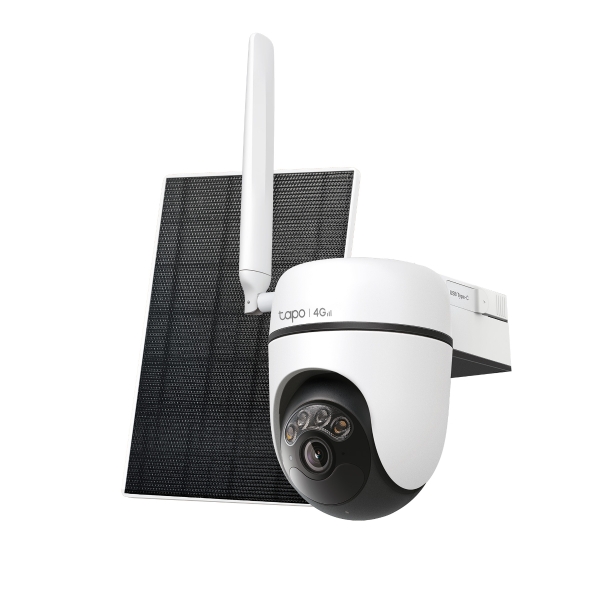 CAMERA IP TP-LINK + PANOU SOLAR, wireless, turret, pt.exterior, dist. IR 9 m, tip lentila fixa 4 mm, 2K 3MP (2304 xxxx 1296 px), slot SIM 4G LTE, microfon, carcasa plastic, slot SD card, „Tapo C615G KIT” (timbru verde 0.8 lei)
