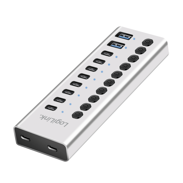 HUB extern LOGILINK, porturi USB: USB 3.0 x 10, conectare prin USB-C 3.0, metal, argintiu, „UA0448” (timbru verde 0.8 lei)