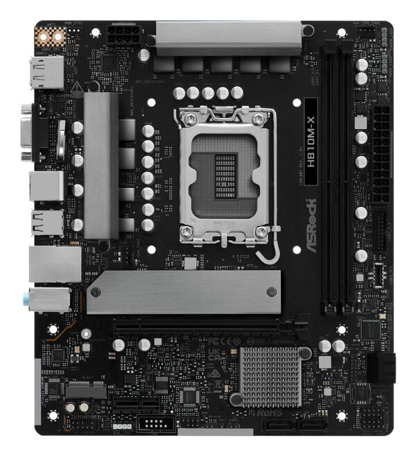 Placa de baza AsRock „H810M-X „, skt. LGA 1851, chipset Intel H810, mATX, 2 x DDR5 max. 128 GB, USB 3.2 gen1 A, Type-C, USB 2.0, 2.5 GHz Lan, 4 x SATA, 2 x M.2, PCIe 4.0, HDMI, VGA, DisplayPort, „H810M-X „