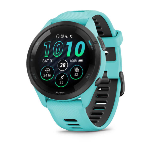 Smartwatch Garmin Forerunner 265, GPS, 46mm, Ecran AMOLED 1.3″, Bluetooth, Wi-Fi, ANT+, Autonomie 13 zile, Monitorizre avansata activitati, 5 ATM (Albastru/Negru) „010-02810-12” (timbru verde 0.18 lei)