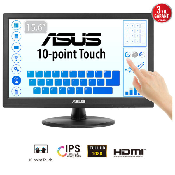 Monitor IPS LED ASUS 15.6″ VT169HE, Full HD (1920 x 1080), VGA, HDMI, Touchscreen (Negru) „90LM09V1-B01170” (timbru verde 7 lei)