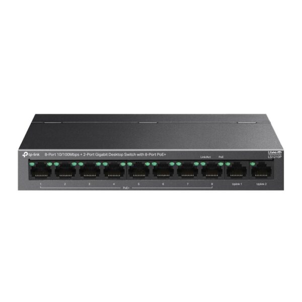 SWITCH TP-LINK, 8-Port 10/100Mbps+2-Port Gigabit Desktop Switch cu 8-Port PoE+, carcasa metalica „LS1210P” (timbru verde 2 lei)