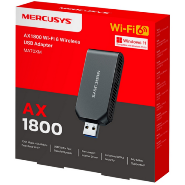 ADAPTOR RETEA MERCUSYS, AX1800 extern wireless Dual-Band, USB 3.0, 1800 Mbps, antena interna x 2, „MA70XM” (timbru verde 0.18 lei)