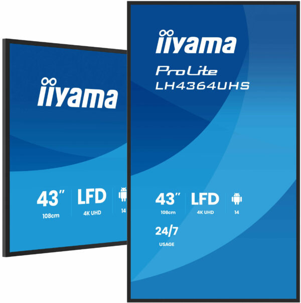 IIYAMA LFD LH4364UHS-B1AG 43 UHD VA 3840 x 2160 60Hz 500 cd 4000:1 6.5ms Android 14OS iiSignage2 (CMS/DMS), iiShare, iiControl, Landscape and Portrait, Speakers 2x 10W, 2x HDMI, 1x USB-C, 15W PD, USB 2.0 x2, WiFi, LAN „LH4364UHS-B1AG” (timbru verde 7