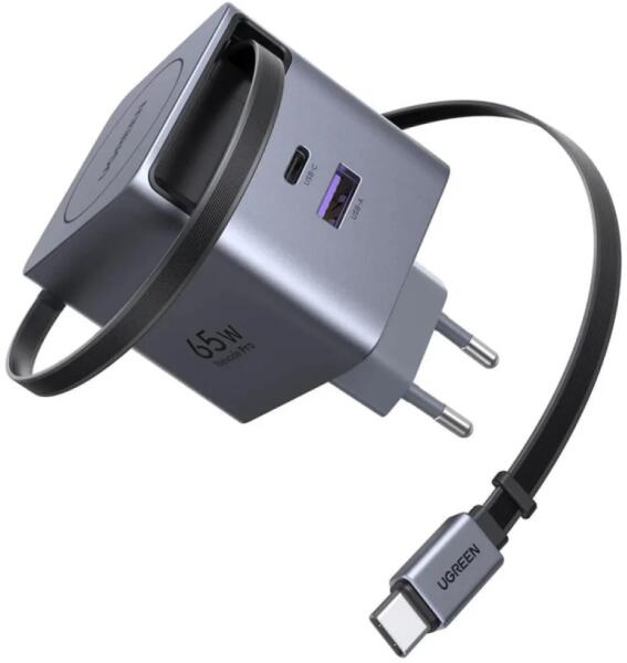 INCARCATOR retea Ugreen GaN „X615” Quick Charge 65W, 1 x USB Type-C, 1 x USB, 1 x cablu USB Type-C retractabil, gri „65825” (timbru verde 0.18 lei)