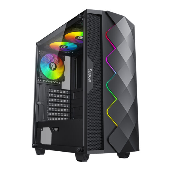CARCASA SPACER – gaming, Middle Tower, ATX, „QUARTZ”, fara sursa, sticla securizata, 3 x ARGB fan, banda LED ARGB, USB 2.0 x 1, USB 3.0 x 1, HD-Audio, mesh x 2, black „SPCS-GC-QUARTZ-3F” (timbru verde 0.35 lei)