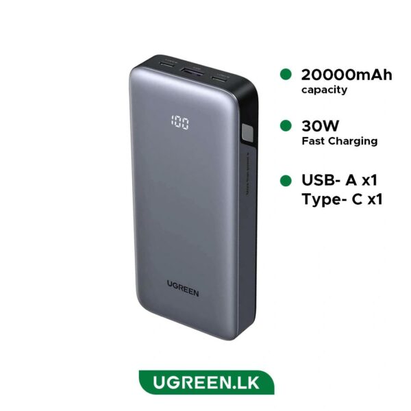 POWER BANK Ugreen, „PB532”, 20000mAh, 30W, 2 x USB Type-C input/output, 1 x USB, display, gri, „55989B” (timbru verde 0.98 lei)