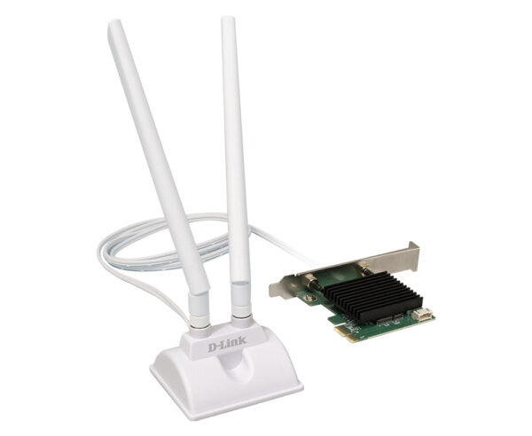 ADAPTOR RETEA D-LINK AX3000 Wi-Fi 6, dual band extern wireless 2.4 GHz | 5 GHz, Bluetooth 5.3, PCIe port, 3000 Mbps, 2 x antene externe, „AX30E” (timbru verde 0.18 lei)