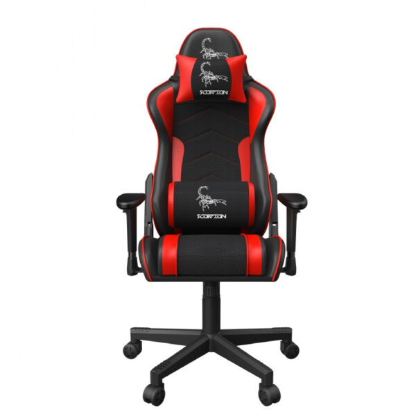 SCAUN GAMING GEMBIRD, ergonomic, reglabil inaltime, rotatie 360 gr, black & red, brate ajustabile, greutate max. 136kg, perna tetiera, perna lombara, dimensiuni 52*80*125~133.5cm „GC-SCORPION-02X”
