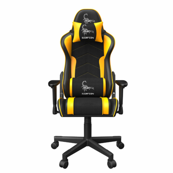 SCAUN GAMING GEMBIRD, ergonomic, reglabil inaltime, rotatie 360 gr, black & yellow, brate ajustabile, greutate max. 136kg, perna tetiera, perna lombara, dimensiuni 52*80*125~133.5cm „GC-SCORPION-05X”